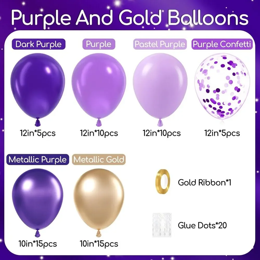 60pcs 12 Inch Purple and Gold Balloons with Metallic Gold Confetti Set
